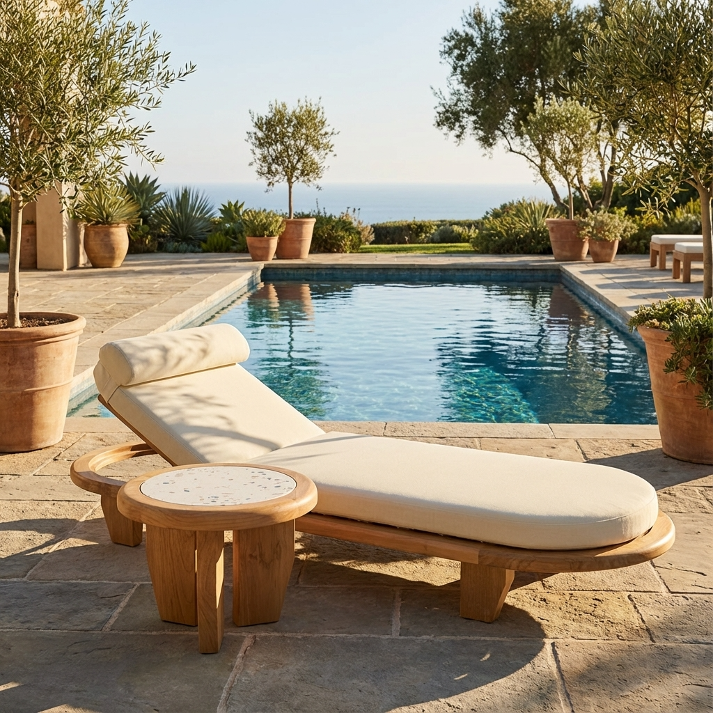 Outdoor lounge chair with a small table by a poolside with ocean view
