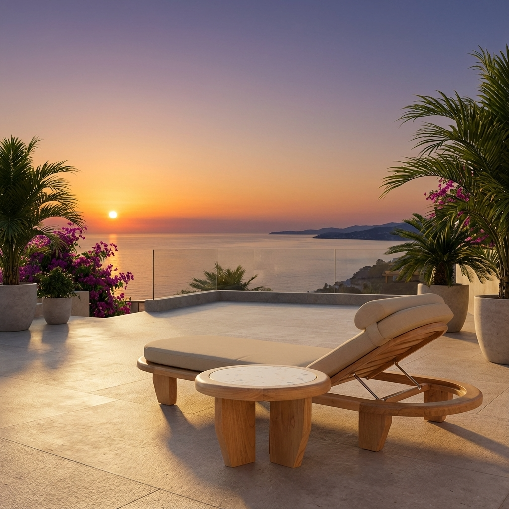 Outdoor lounge chair with a sunset over the ocean view