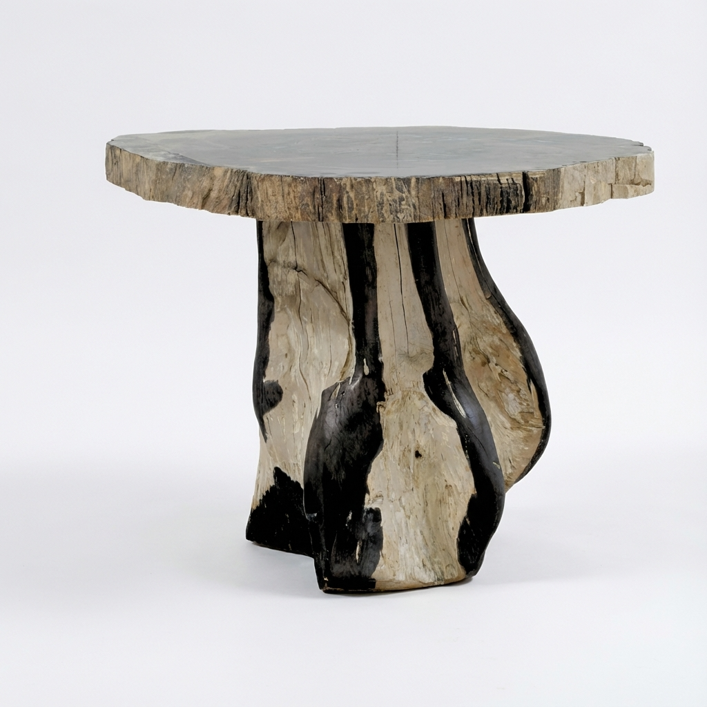 Round wooden table with a natural, black and white pattern on a white background