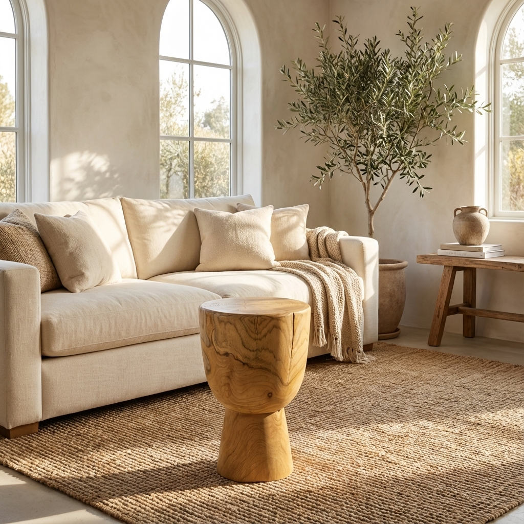 Beige sofa with cushions in a sunlit room with a wooden stool and plant.