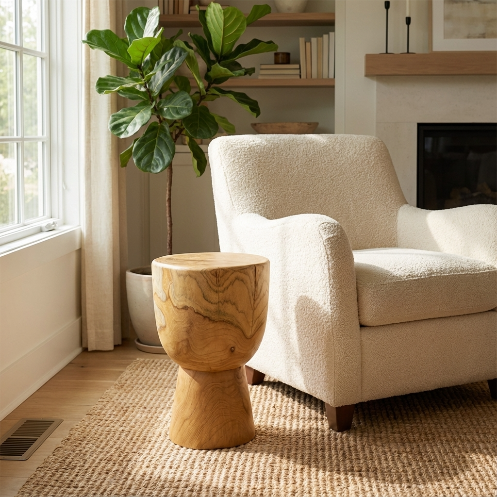 Beige armchair in a living room with a wooden side table and plant