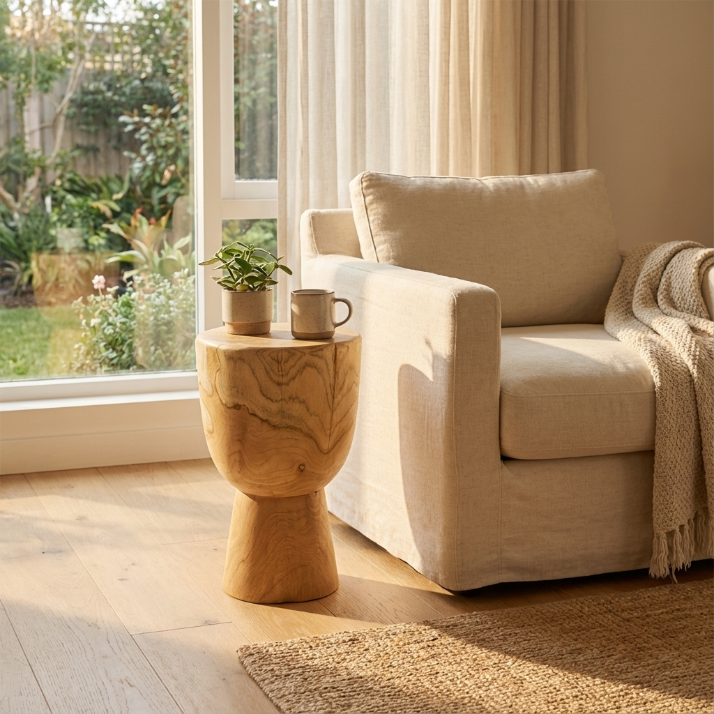 Beige armchair with a wooden side table and cup in a sunlit room.