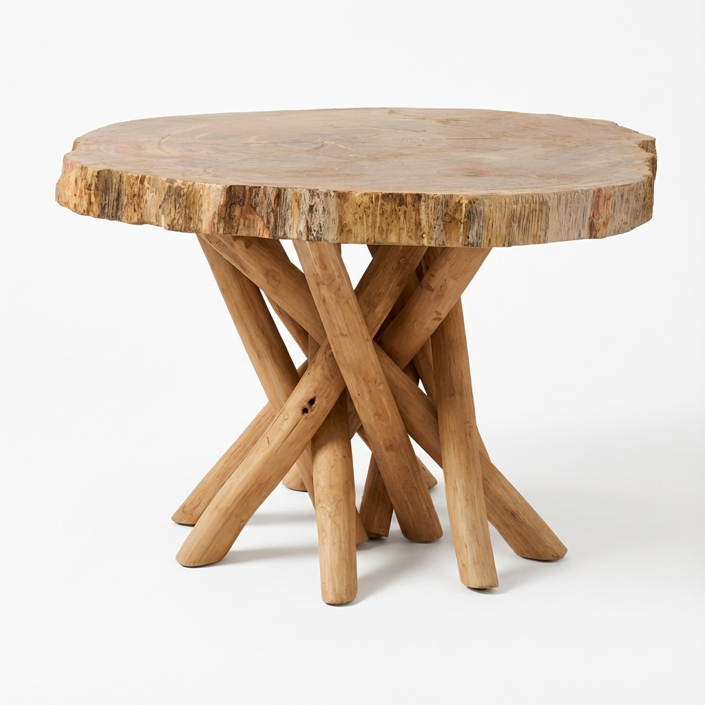 Round wooden table with natural edge on a white background