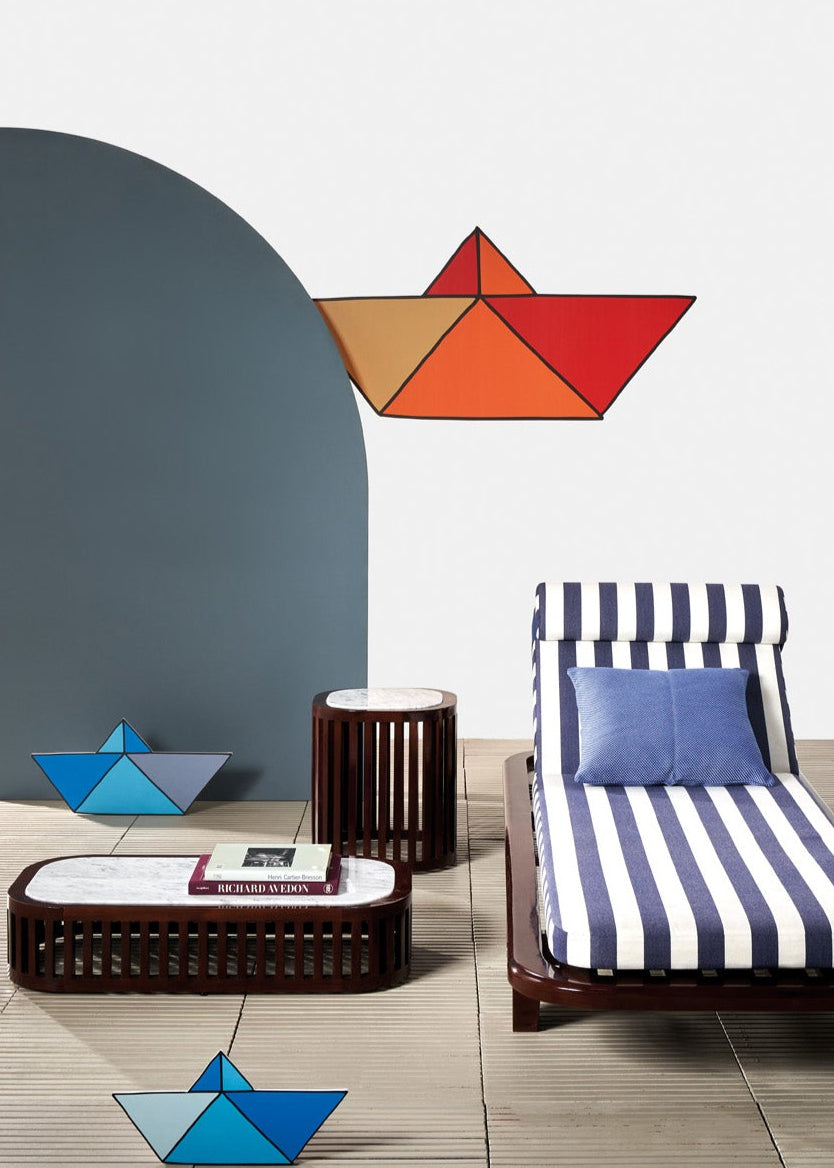 Modern outdoor furniture set with striped chair and table