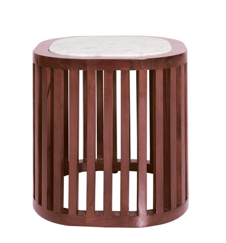 Wooden side table with a white marble top 