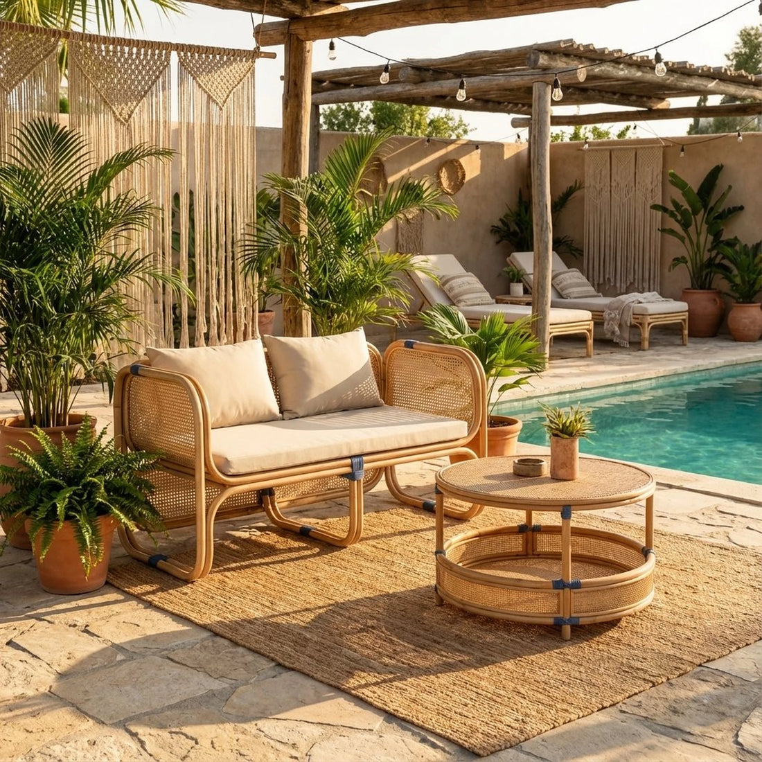 Sofa Capriccio styled poolside with matching drum side table in a warm outdoor lounge setting
