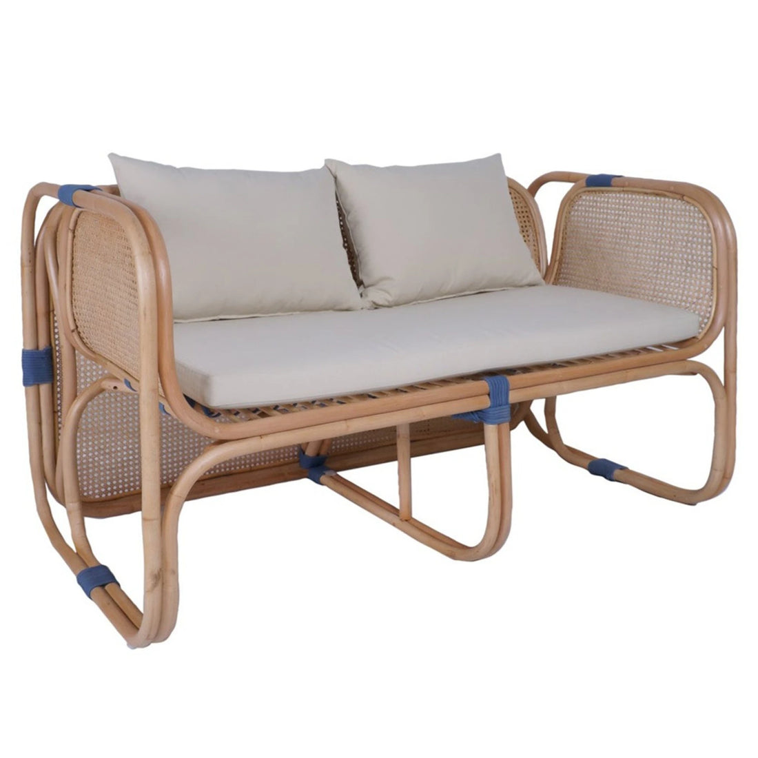 Sofa Capriccio in natural rattan with blue accent bindings and beige seat cushions on a light background