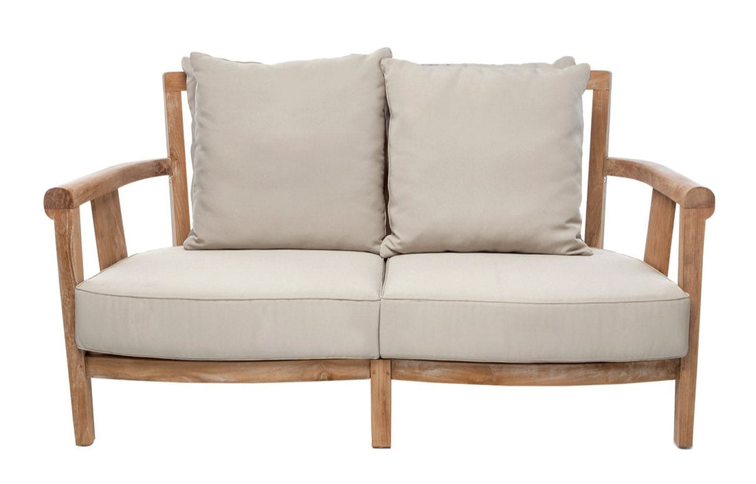 A two-seater Sofa Saint Laurent with cushions and a wooden frame.