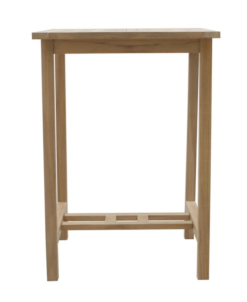 A square bar table with a wooden structure and a light finish, featuring a simple, sleek design.