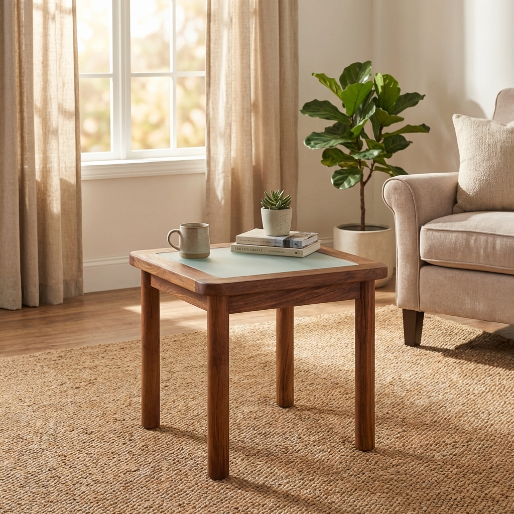 Wooden coffee table with decor items in a living room setting