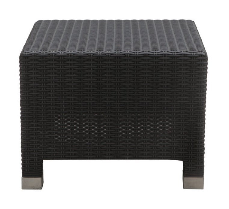 A compact square-shaped outdoor side table with a black woven tabletop and silver metal legs.