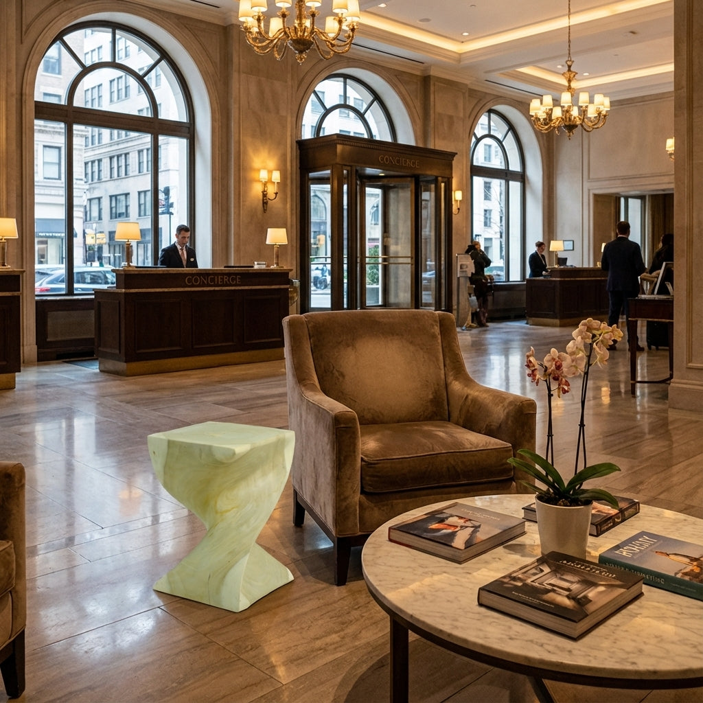 Luxury hotel lobby with a reception desk, armchair, and decorative elements.