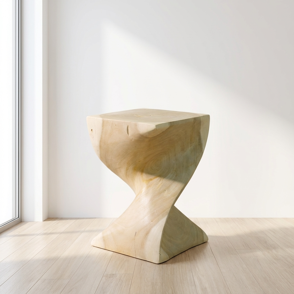 Wooden stool with a unique design on a light wooden floor.