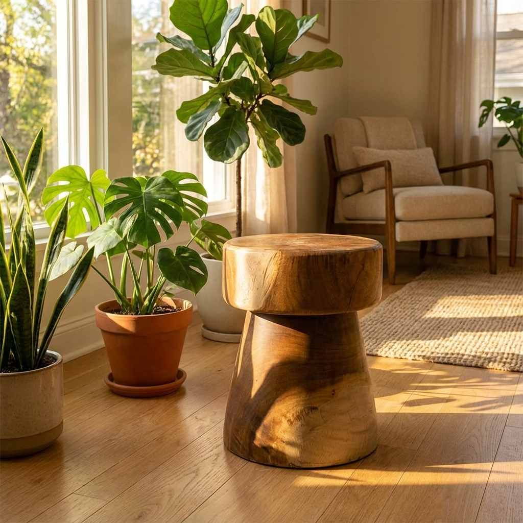 Wooden stool in a room with plants and a chair