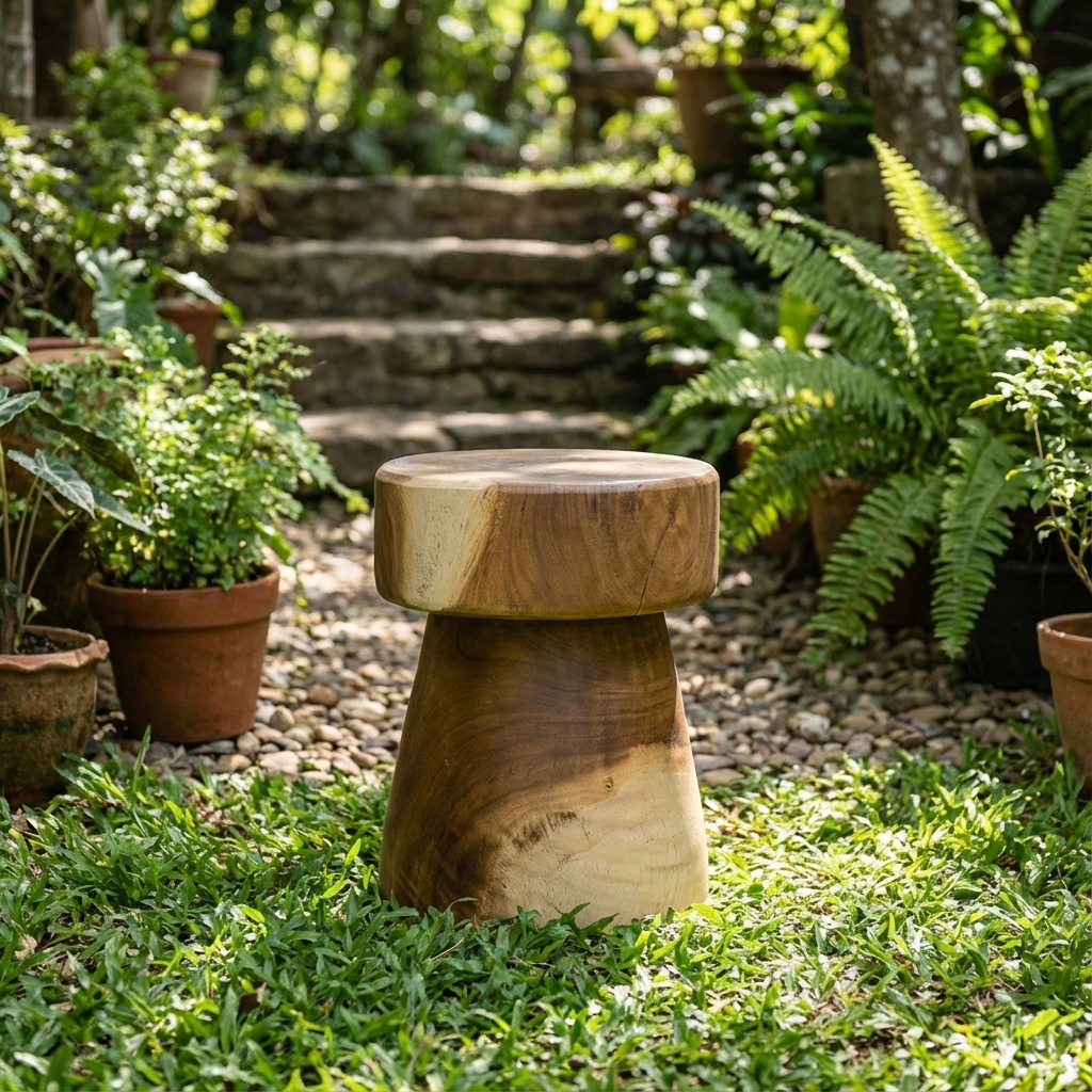 Wooden stool in a garden setting with plants and steps