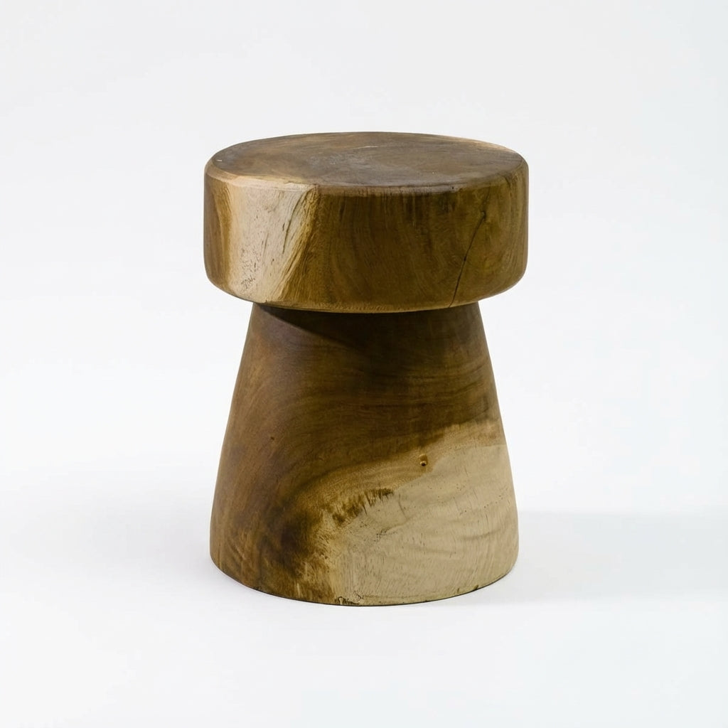 Wooden stool with a round top and cylindrical base on a white background