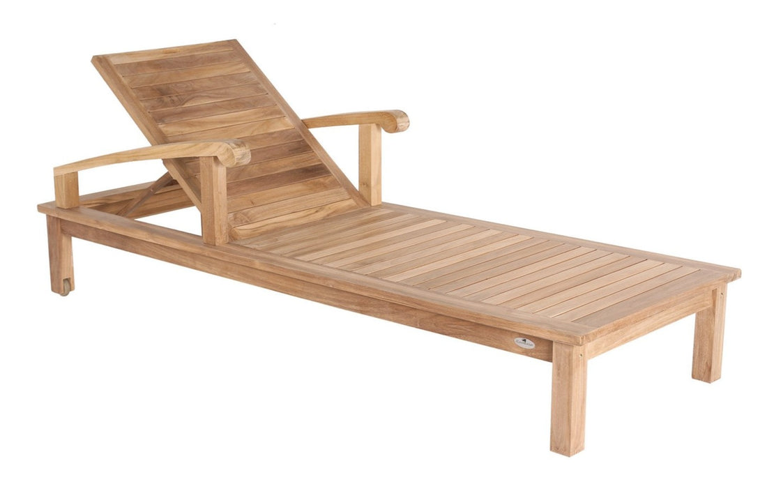 A sunlounger with wheels made of teakwood.