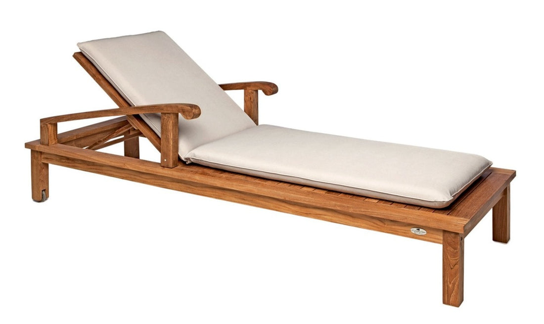 A beige cushioned sunlounger with wheels made of teakwood.