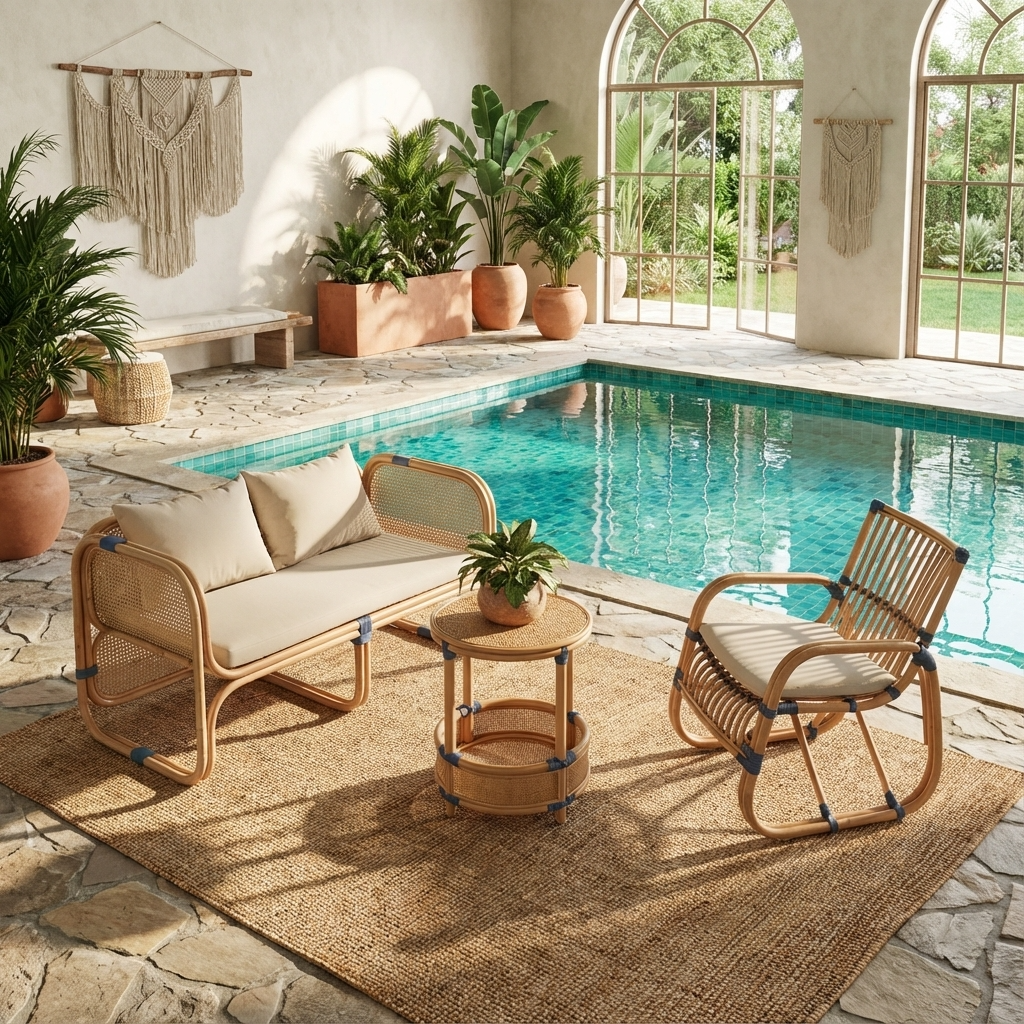 Outdoor patio set with wicker furniture by a pool