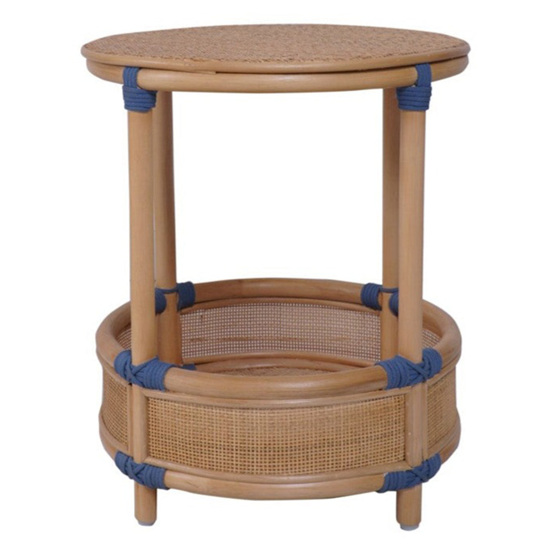 A bamboo and rope coffee table with a double shelf, featuring a natural brown color and blue rope accents.