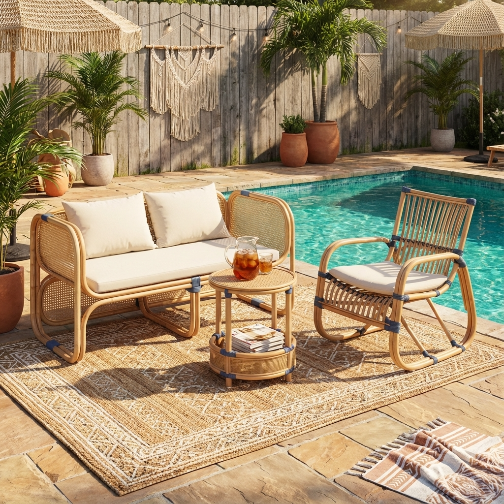 Outdoor patio set with wicker furniture by a pool