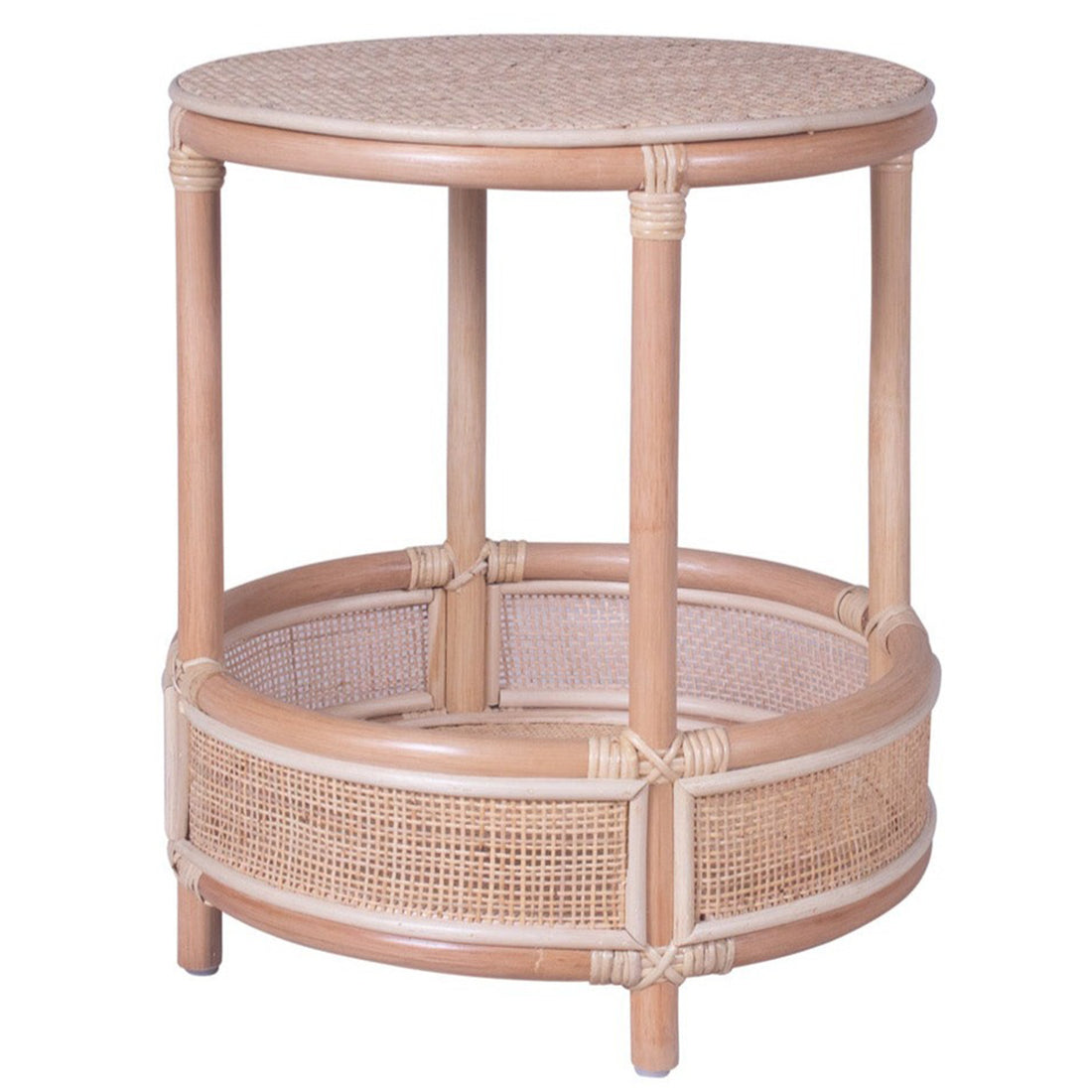 A bamboo and rope coffee table with a double shelf, featuring a natural brown color.