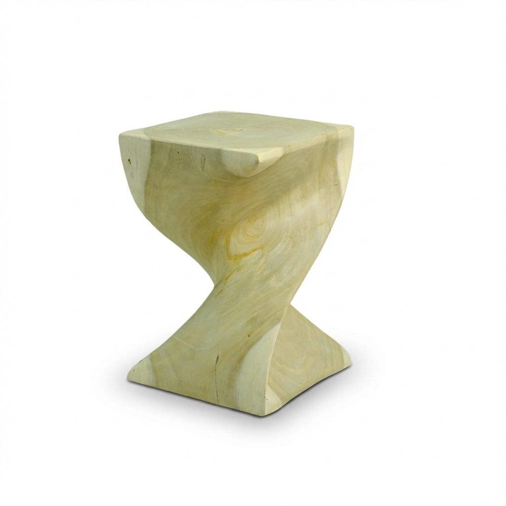 Wooden stool with a unique, twisted design on a white background