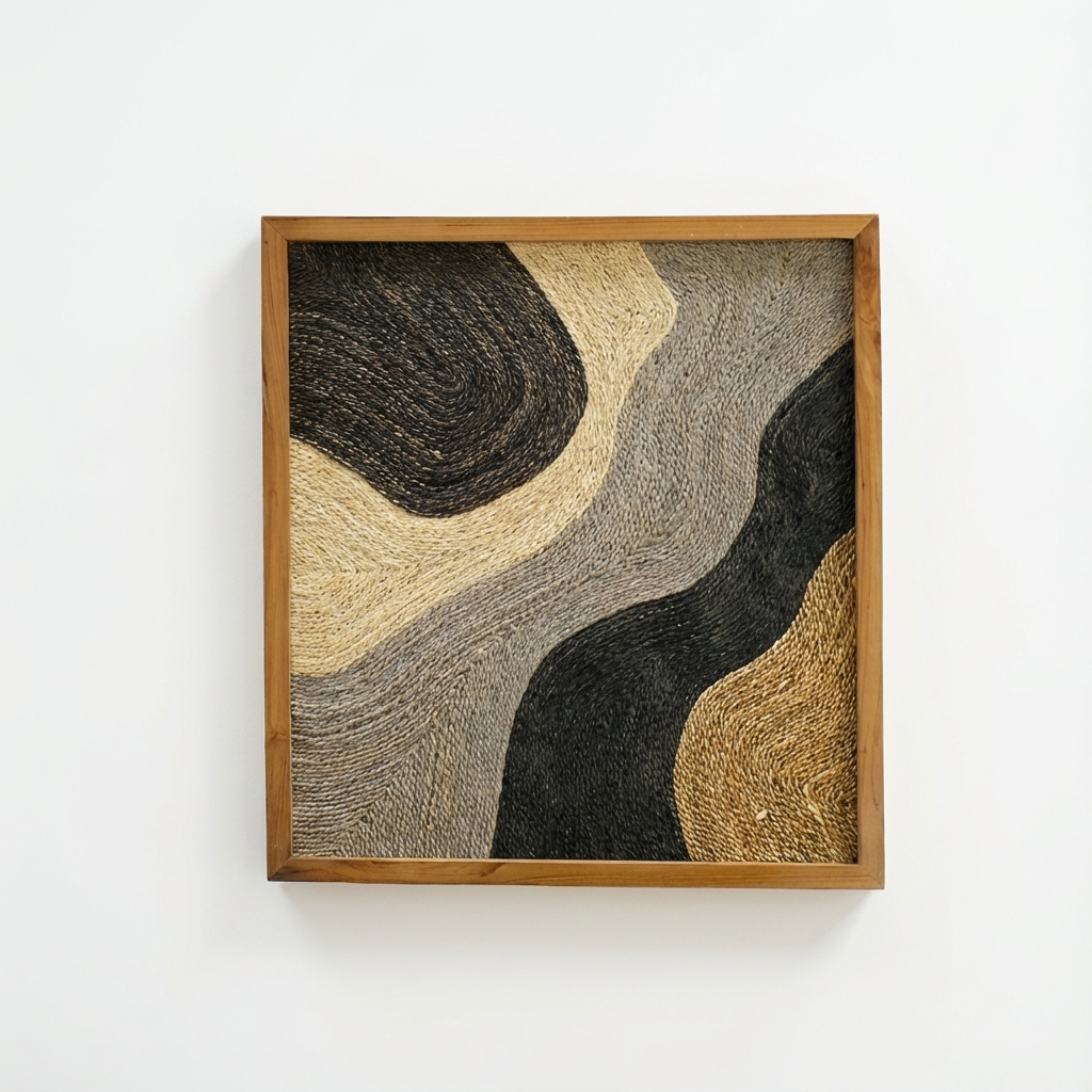 Framed abstract art piece with wavy patterns in black, gray, and beige on a white background