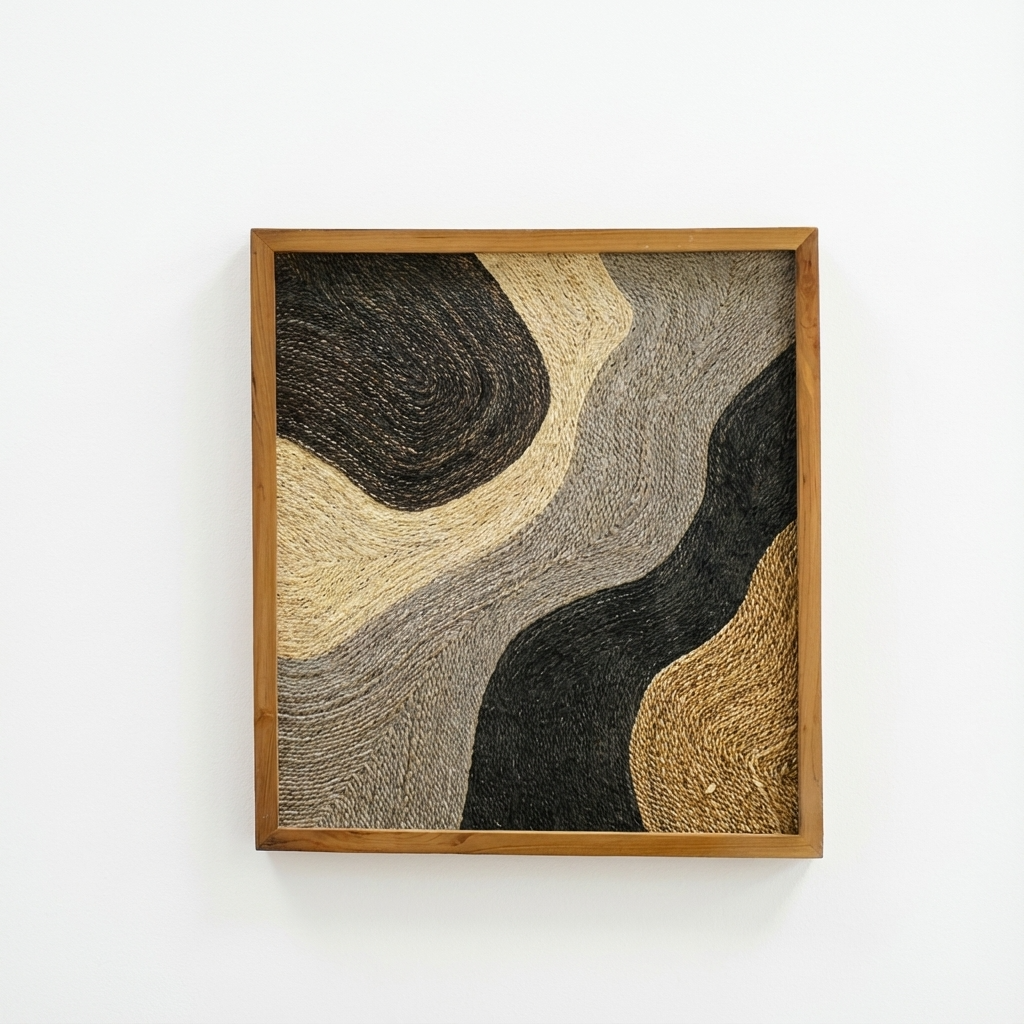 Framed abstract art piece with wavy patterns in brown, black, and beige on a white background