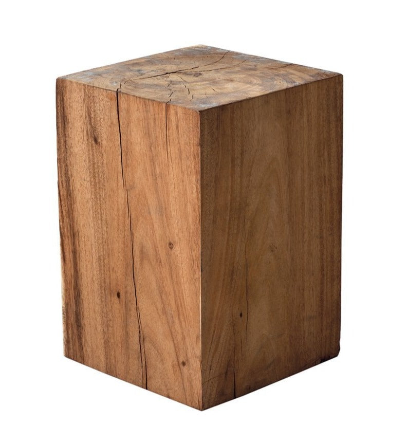 A square-shaped side table made of Suar wood with a natural grain pattern.