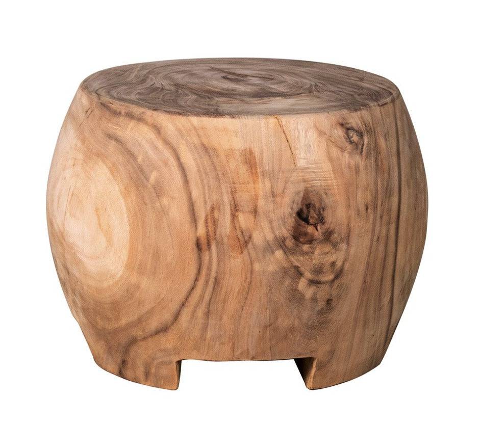 Low and rounded Suar wood coffee table with visible wood grain, suitable as a stool or side table.