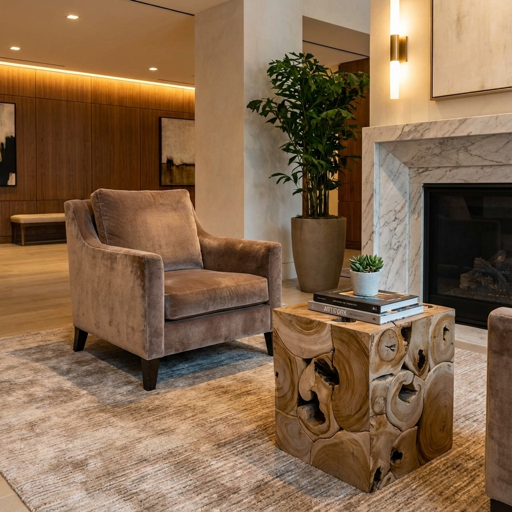 Modern living room with a brown armchair, decorative table, and fireplace.