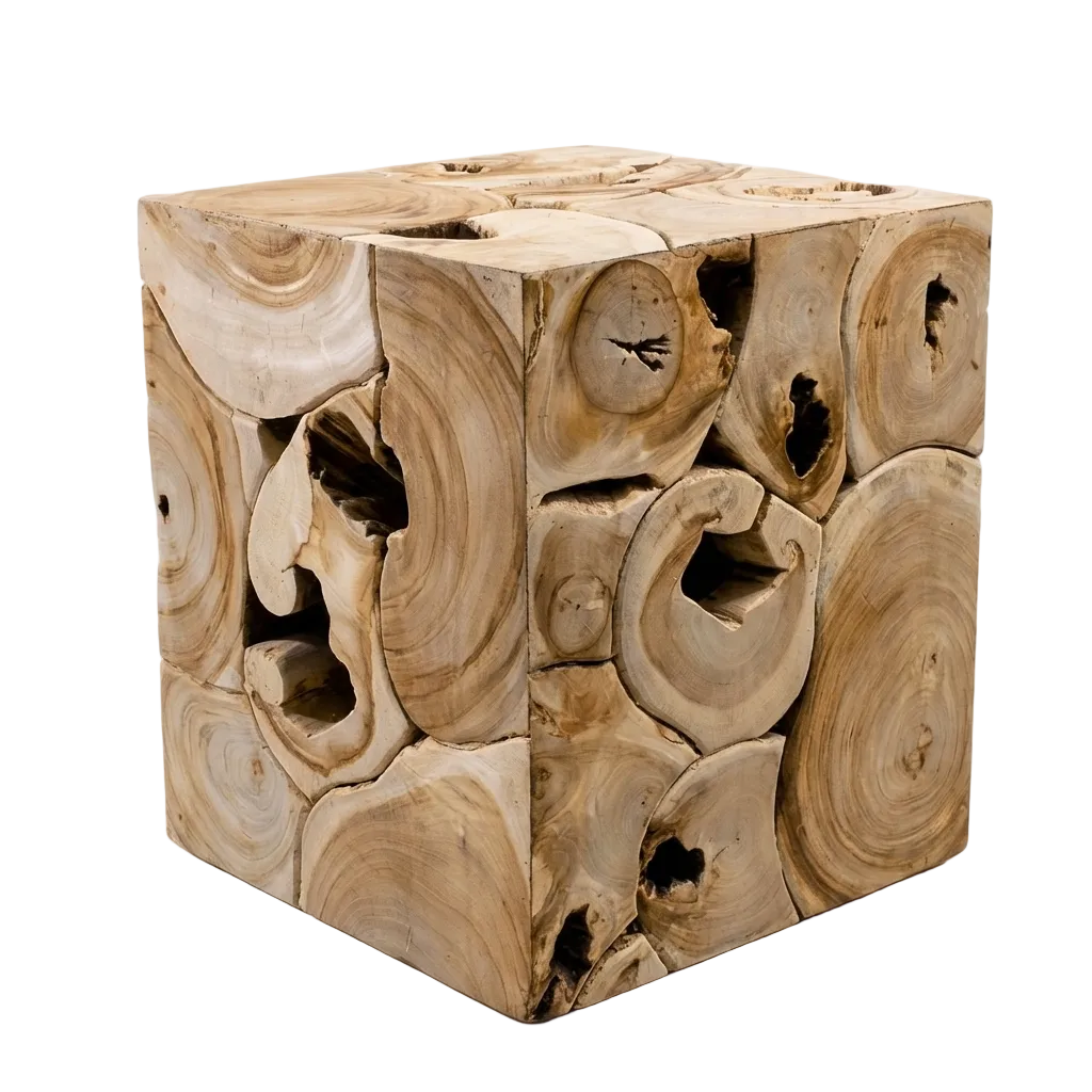 Wooden cube with natural patterns.