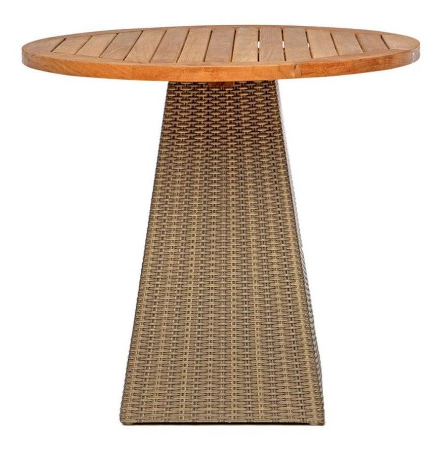 Round dining table with a teak top and a single central leg crafted from synthetic rattan, in brown color.