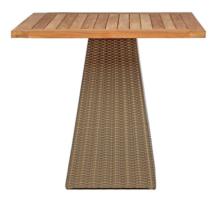 Square dining table from the Gipsy Collection featuring a single woven pedestal base and wooden tabletop, designed for hospitality and commercial use.